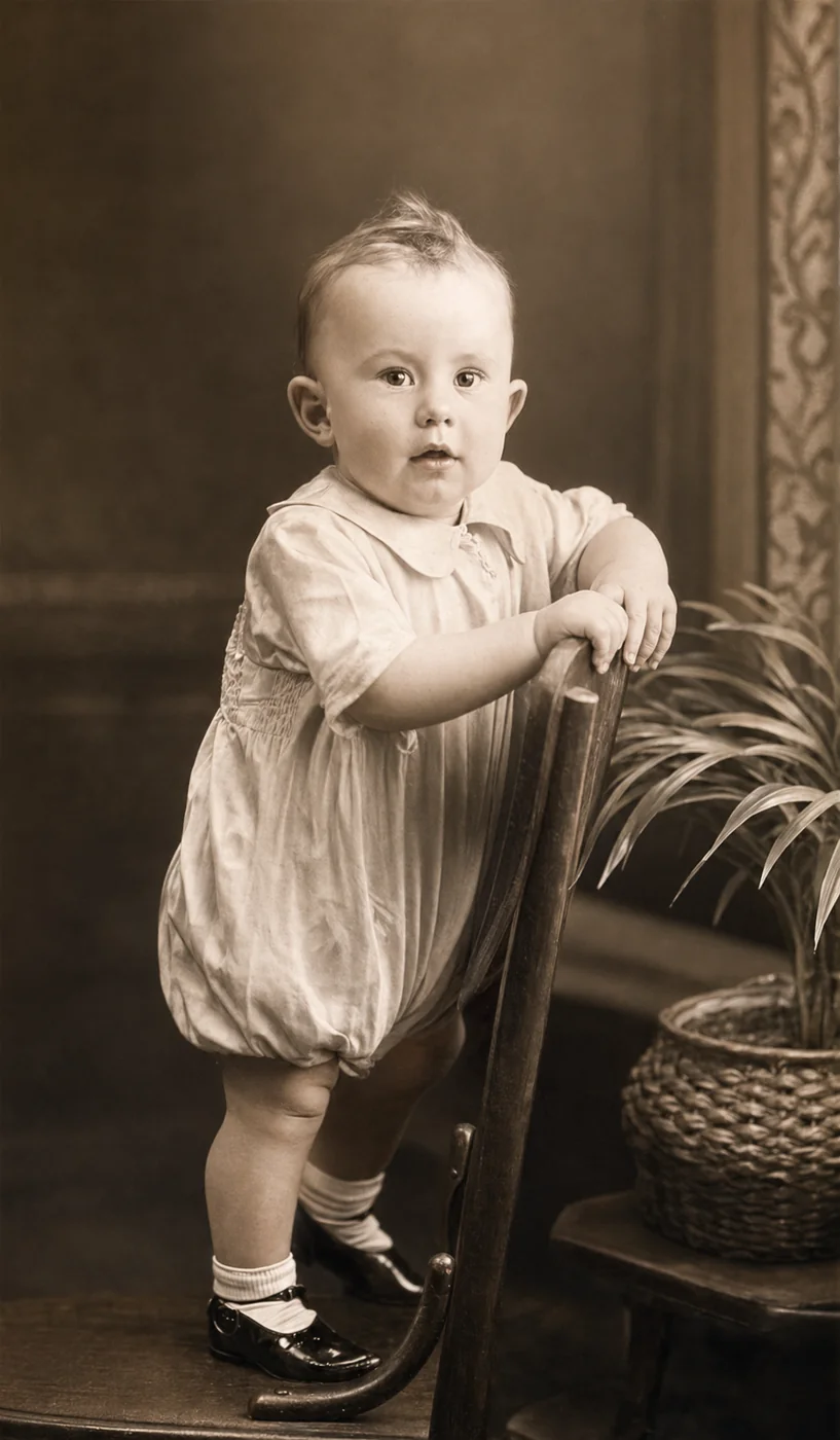 Restored sepia photograph of the baby with creases and damage repaired